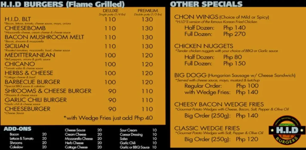 H.I.D Burgers Menu